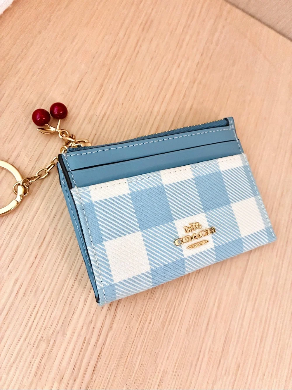 NWT🍬Coach Mini Skinny Id Card Case With Gingham Print Cherry Charm Blue CFA31